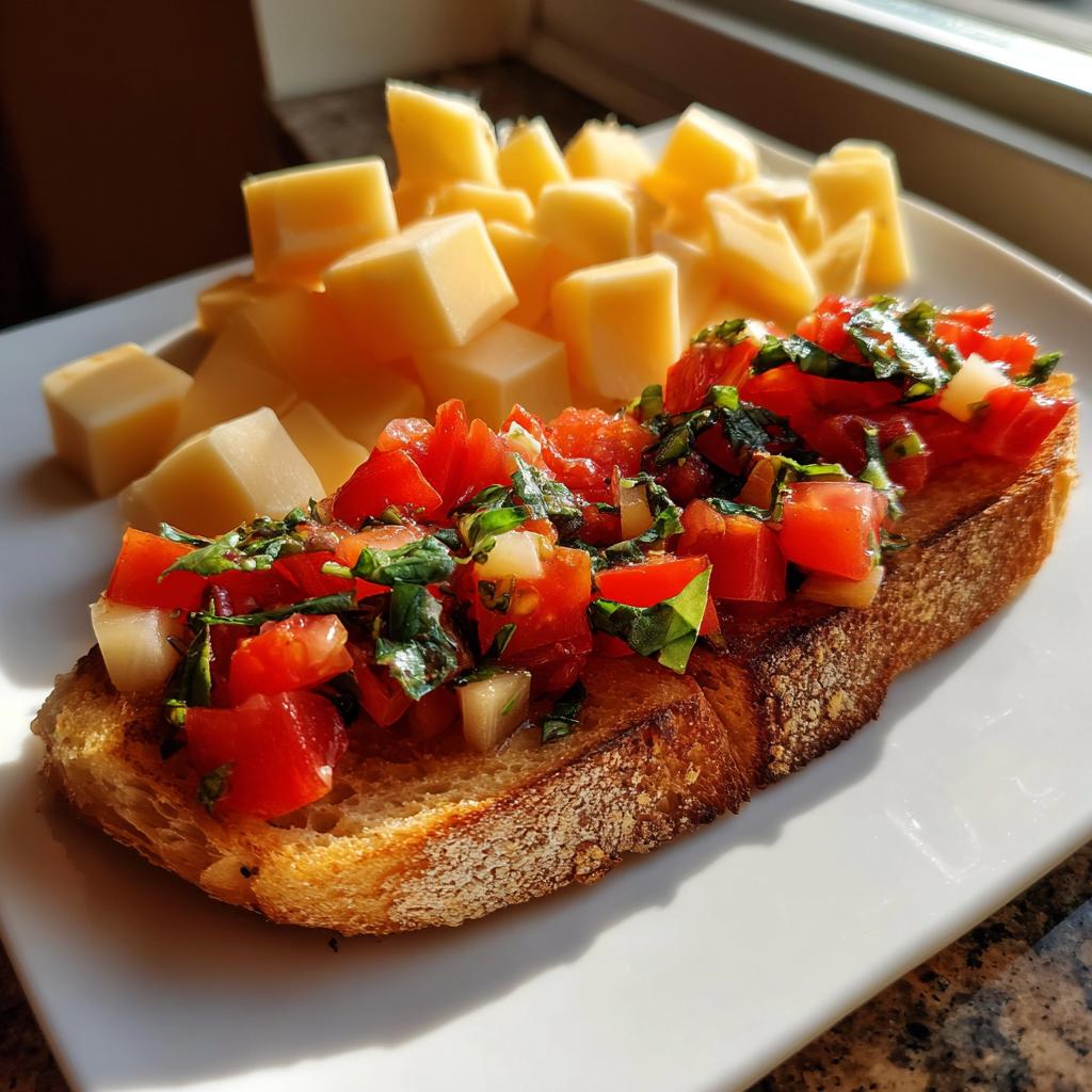 A single slice of tomato bruschetta topped with fresh tomatoes and basil, served with cubed cheese, perfect for new years appetizers.