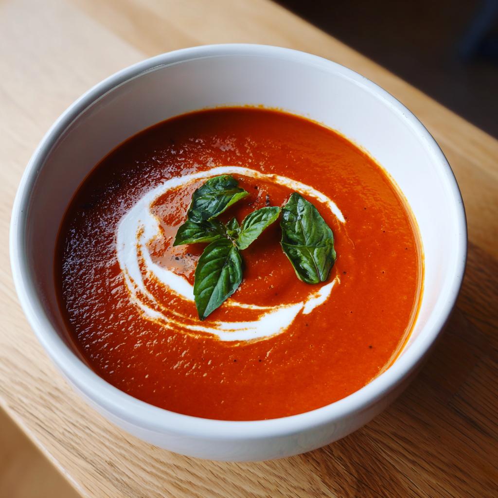 A bowl of rich tomato soup topped with a swirl of cream and fresh basil leaves, perfect for soup recipes.