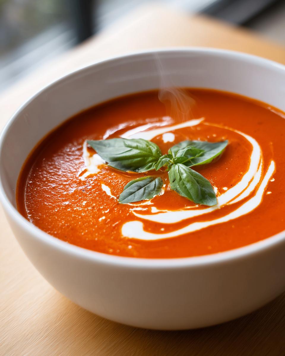 A steaming bowl of rich tomato soup, swirled with cream and topped with fresh basil leaves. Perfect for soup recipes.