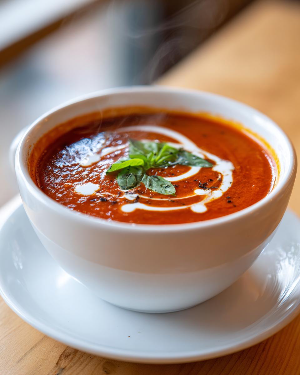 A close-up of a steaming bowl of rich tomato soup, garnished with cream swirls and fresh basil leaves.