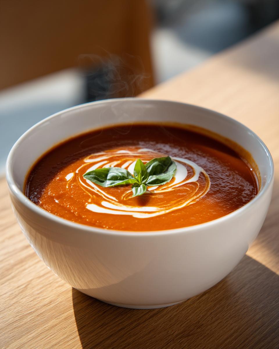 A steaming bowl of rich tomato soup, garnished with a swirl of cream and fresh basil, perfect for soup recipes.