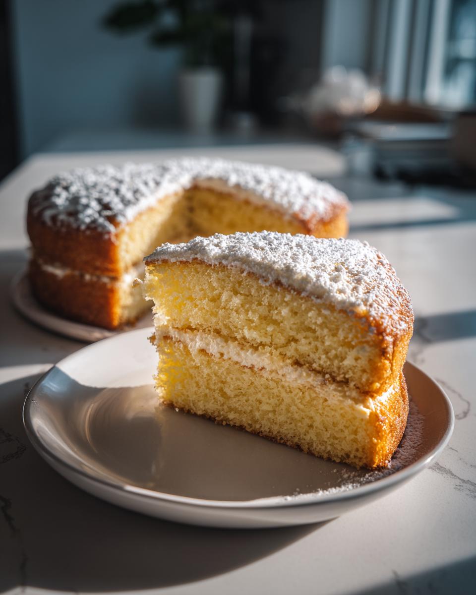 A slice of fluffy vanilla cake with cream filling, dusted with powdered sugar. Part of our easy cake recipes.