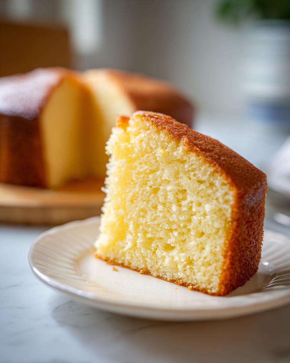 A close-up of a slice of moist vanilla cake from an irresistible vanilla cake recipe, served on a white plate.