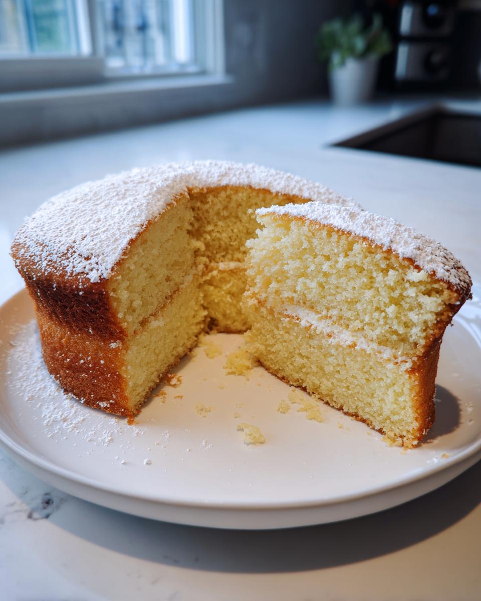 A slice of a fluffy vanilla cake with powdered sugar, showcasing its layers and soft crumb.
