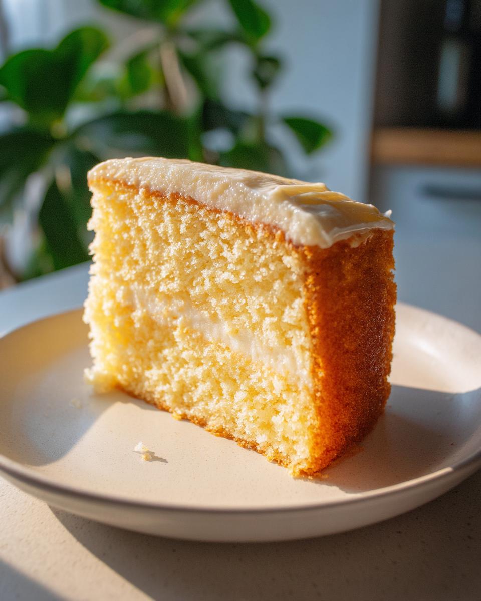A slice of moist vanilla cake with creamy filling and white frosting, showcasing one of our irresistible cake ideas.