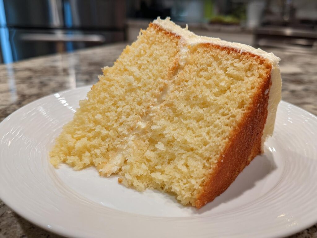 A slice of classic vanilla cake with white frosting, showcasing its fluffy texture and golden crust. One of the best cake ideas.