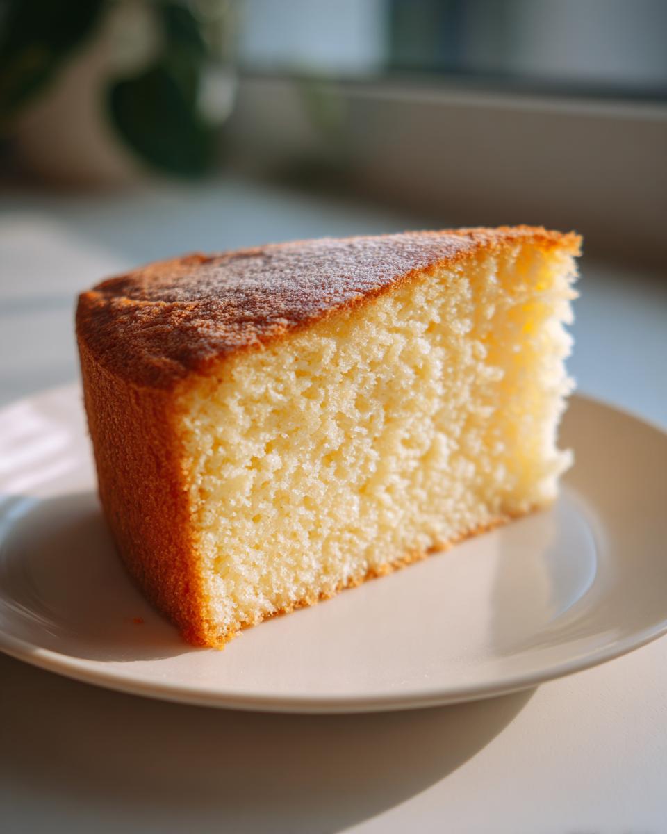 A slice of fluffy vanilla cake dusted with powdered sugar, showcasing its light texture and golden crust. One of our top cake ideas.
