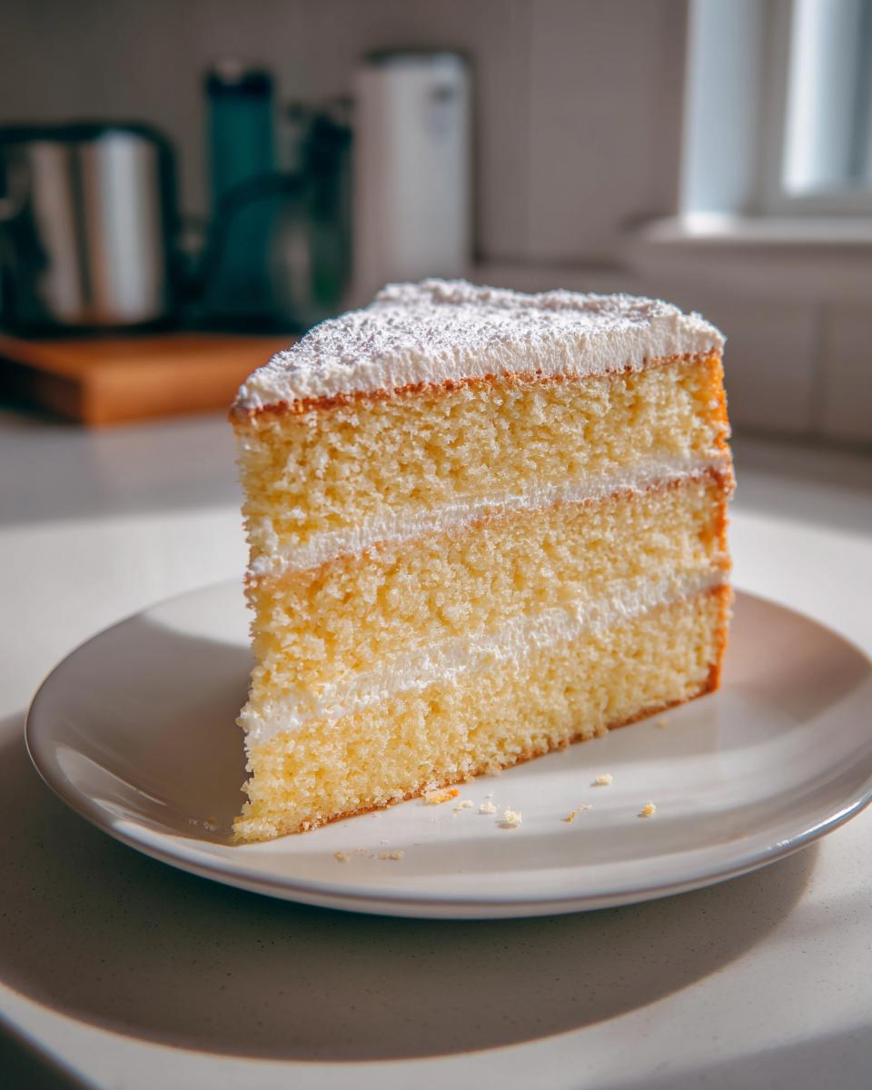 A moist slice of vanilla cake with white frosting and powdered sugar, part of our cake recipes.