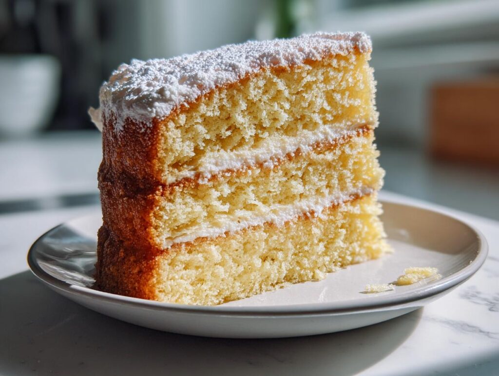 A delicious slice of vanilla cake with three layers and white frosting, dusted with powdered sugar.