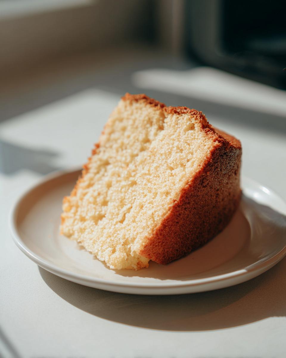 A perfect slice of moist vanilla cake on a white plate, showcasing its tender crumb and golden-brown crust. Part of our irresistible cake recipes.