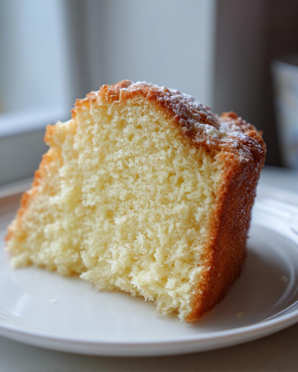 A close-up of a moist vanilla cake slice dusted with powdered sugar, showcasing its tender crumb.