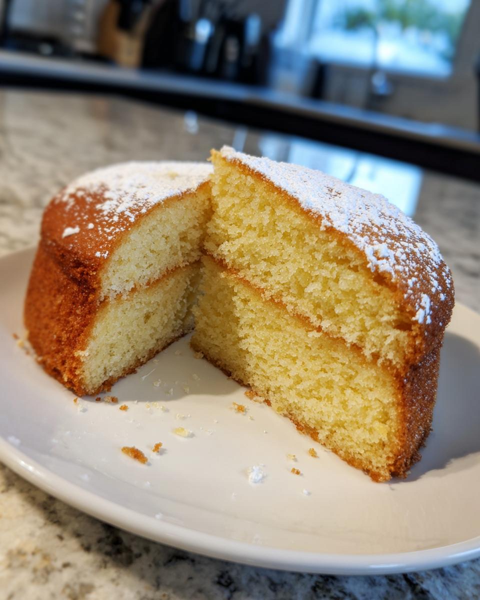 A slice of moist vanilla cake from a two-step cake recipe, dusted with powdered sugar.
