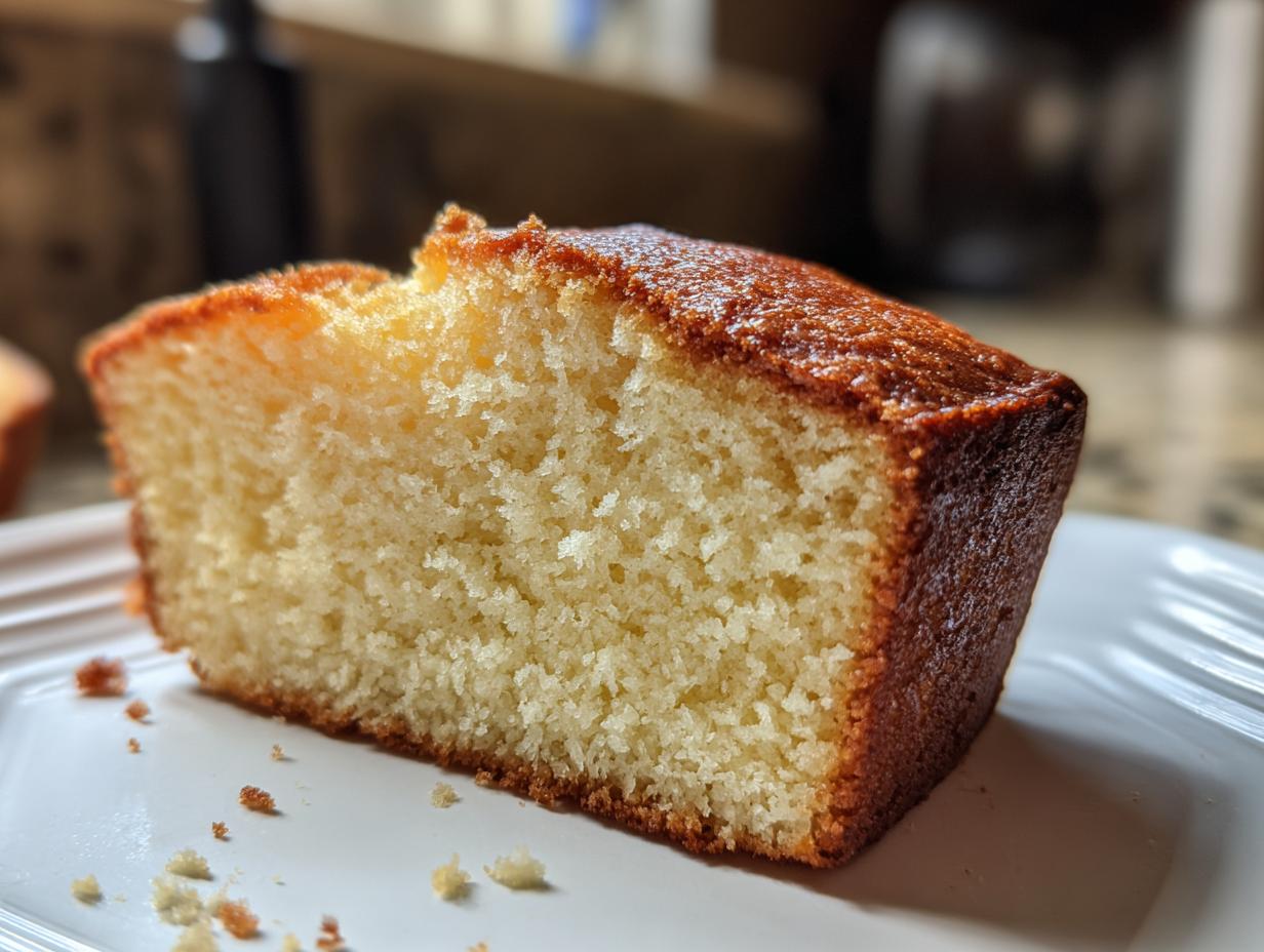 Close-up of a moist slice of vanilla cake with a golden-brown crust, part of a cake recipes article.