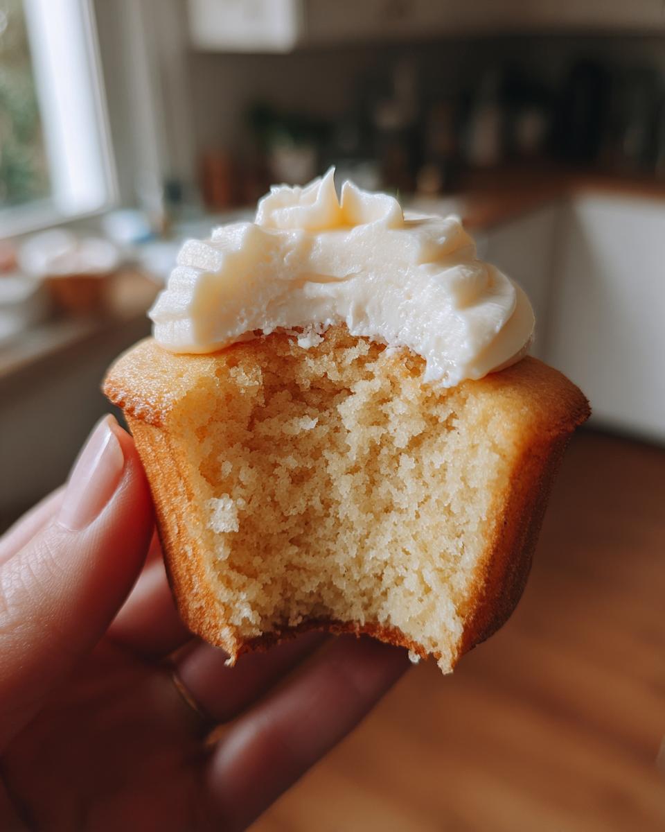 Close-up of a vanilla cupcake with cream cheese frosting, with a bite taken out, showcasing the fluffy texture.