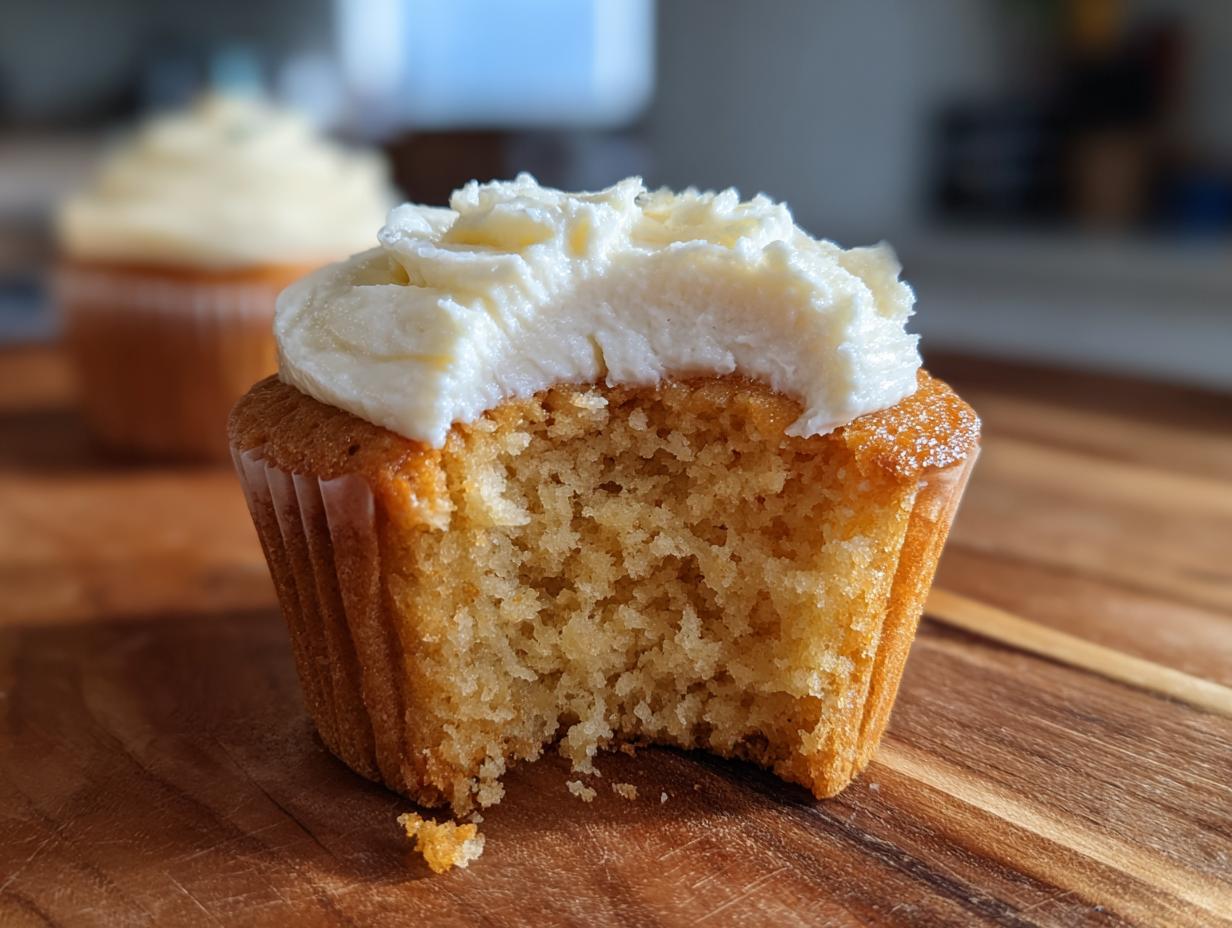 Close-up of a vanilla cupcake with creamy white frosting, a bite taken out, showcasing its moist crumb. One of many cupcake ideas.