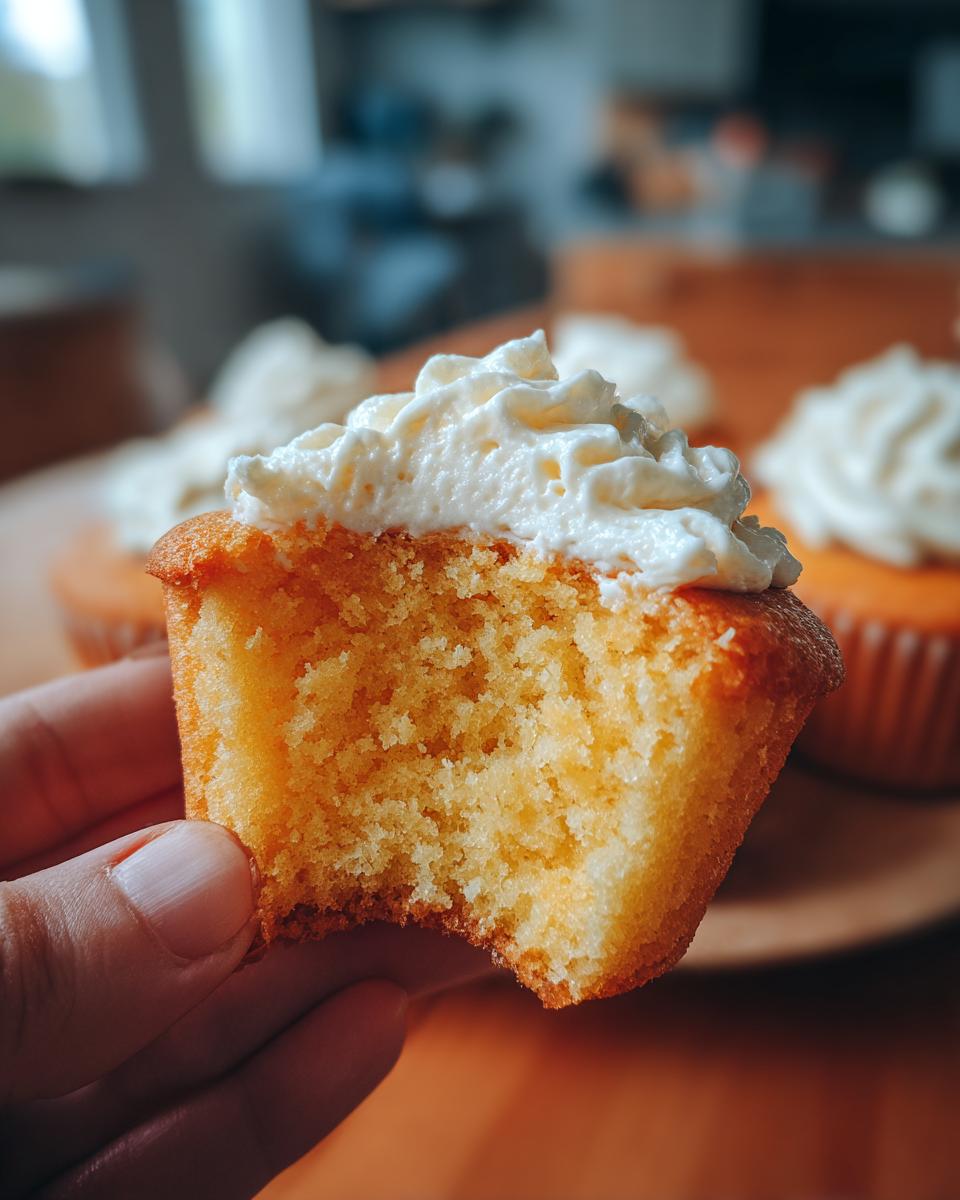 Close-up of a hand holding a vanilla cupcake with fluffy white frosting, showcasing its moist crumb. One of many cupcake ideas.