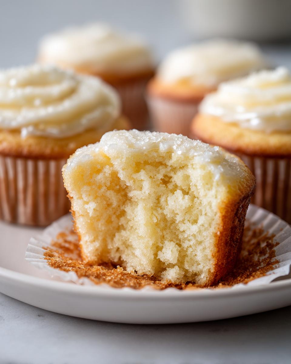 Close-up of a vanilla cupcake with a bite taken out, showing its fluffy texture and white frosting, with other cupcakes in the background.