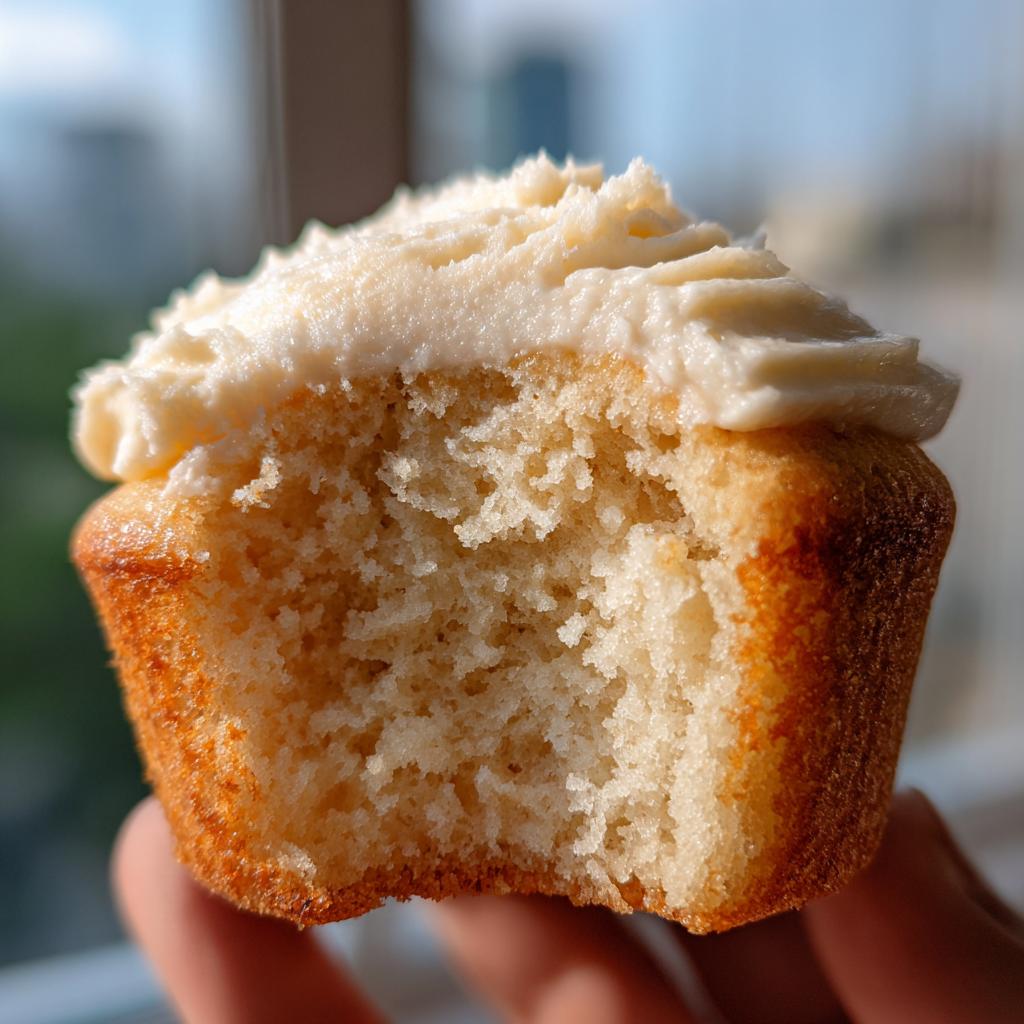 Close-up of a vanilla cupcake with white frosting, a bite taken out, showcasing its fluffy texture.