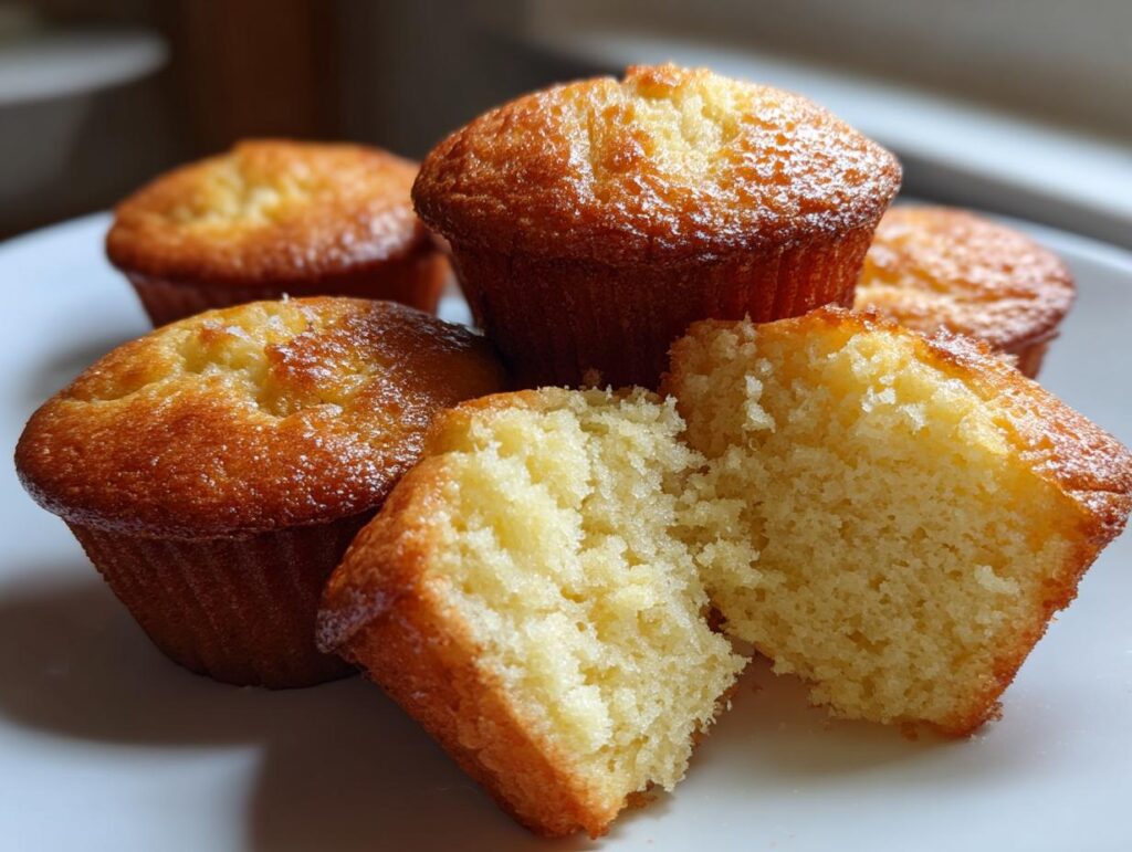 Close-up of golden-brown vanilla cupcakes, one split open revealing a fluffy interior. Perfect for cupcake ideas.