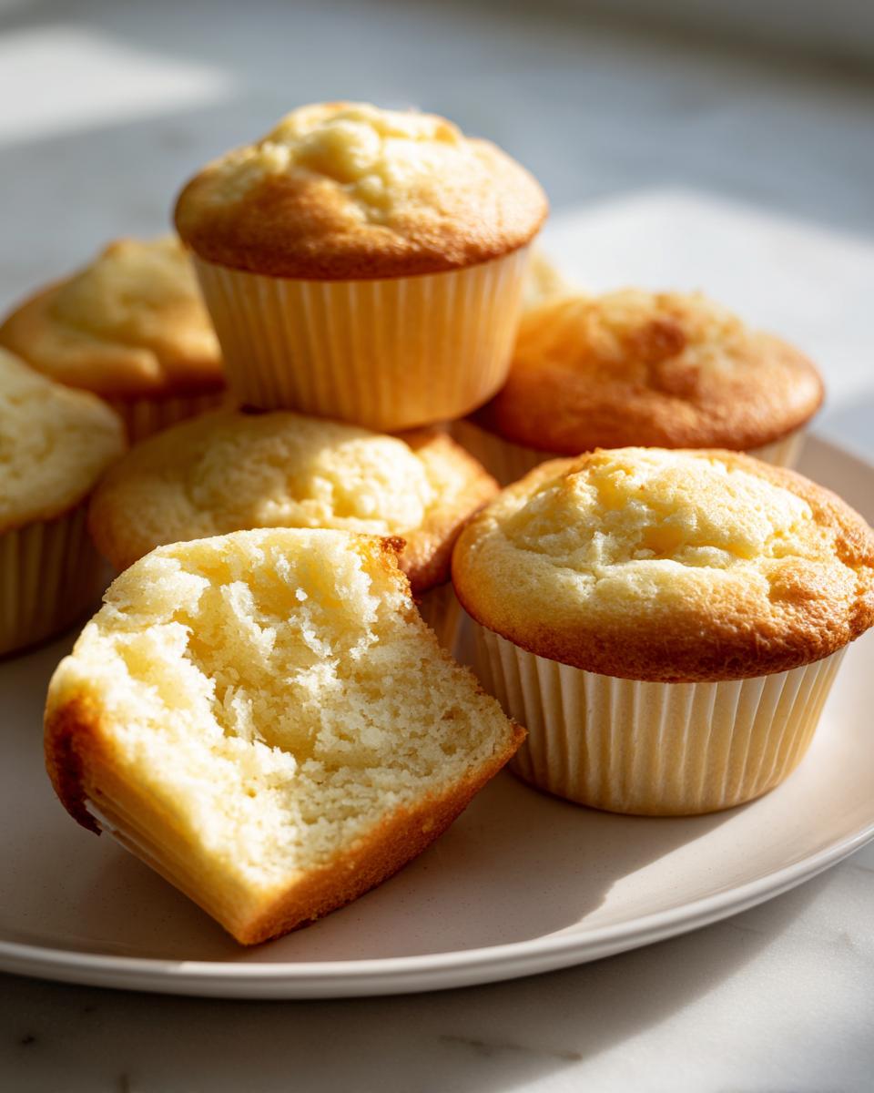 A pile of golden-brown vanilla cupcakes, one broken in half to show the fluffy interior, perfect for cupcake ideas.