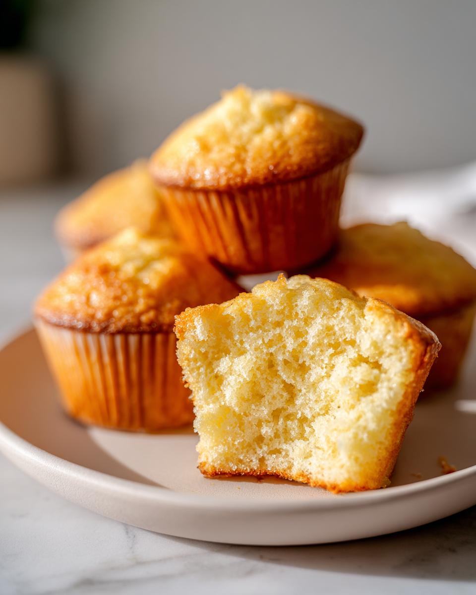 A close-up of a stack of simple vanilla cupcakes, one broken in half to reveal its fluffy interior. These are great cupcake ideas.