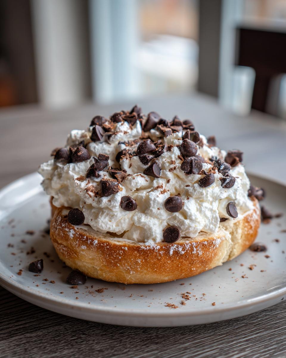 Pastry topped with whipped cream and chocolate chips on a white plate, a delicious dessert recipes idea