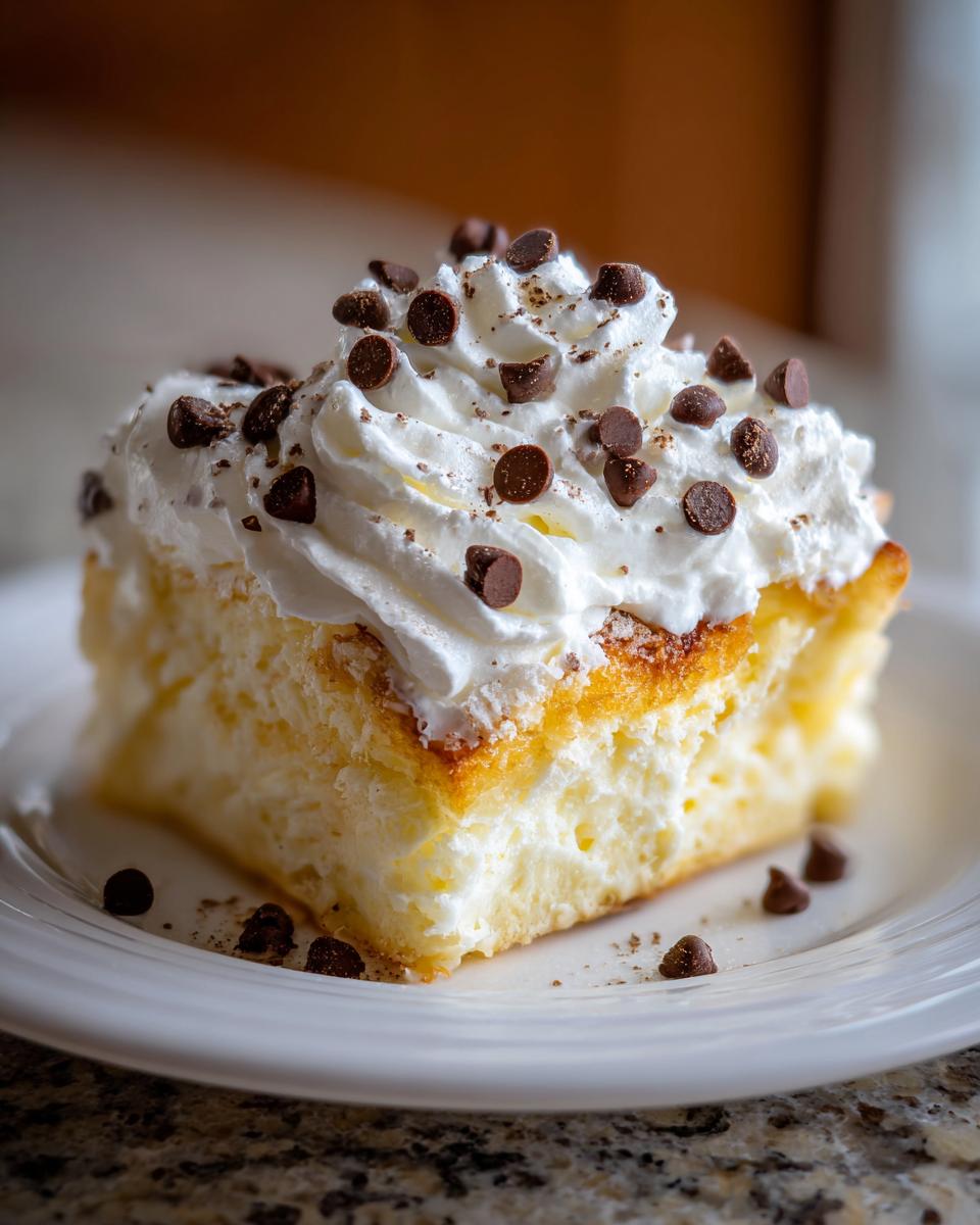 Square dessert topped with whipped cream and chocolate chips on a white plate