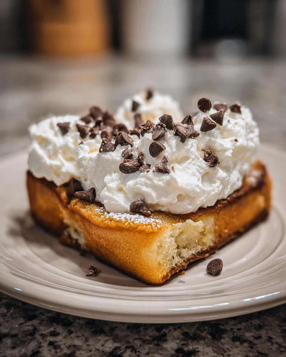 Dessert square topped with whipped cream and chocolate chips on a beige plate.