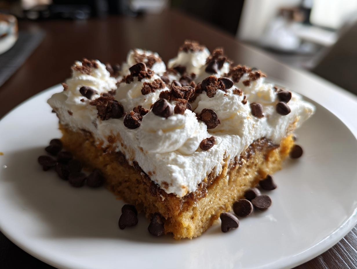 Square dessert with whipped cream and chocolate chips on a white plate