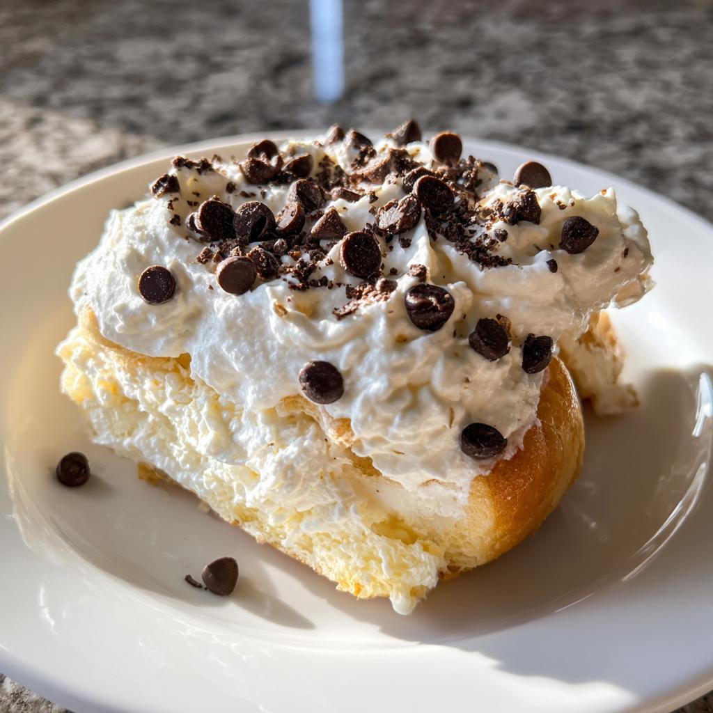 Plate with a dessert topped with whipped cream and sprinkled chocolate chips
