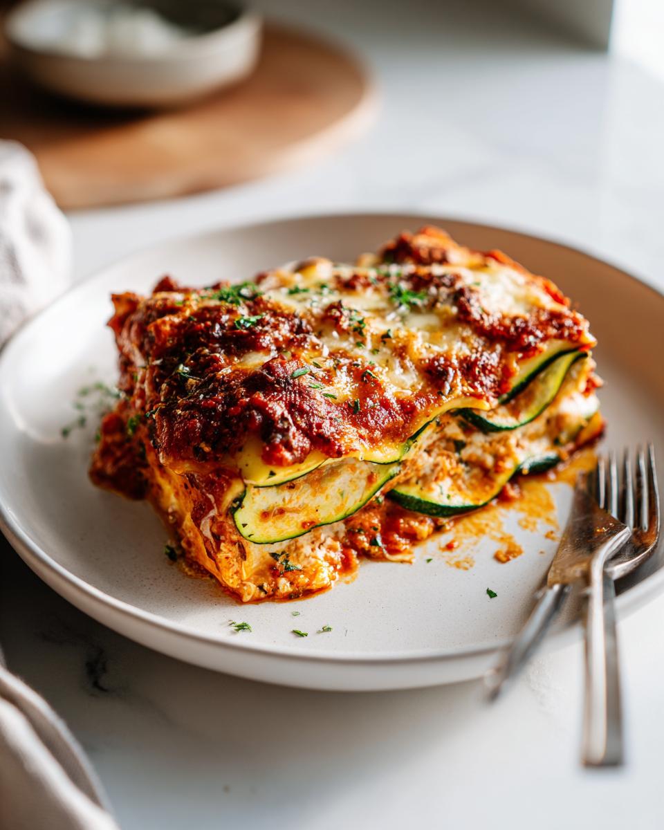 Close-up of a slice of zucchini lasagna with tomato sauce and cheese on a white plate.