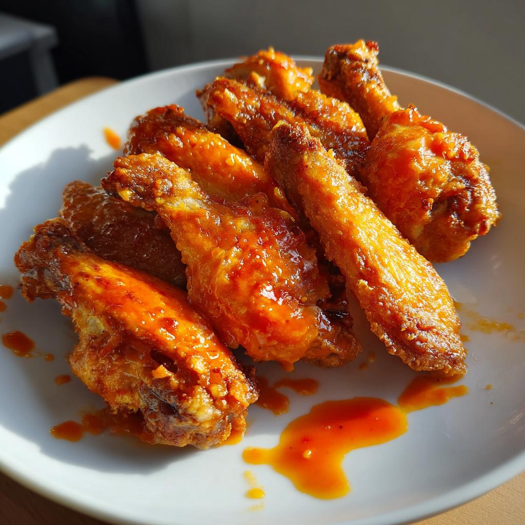 Close-up of air fryer crispy buffalo chicken wings coated in spicy sauce on a white plate.
