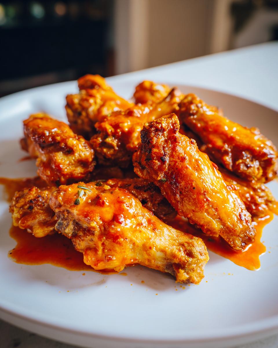 Close-up of air fryer crispy buffalo chicken wings coated in spicy sauce on a white plate