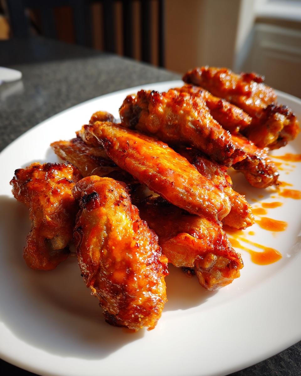 Close-up of golden air fryer crispy buffalo chicken wings on a white plate with sauce drips.