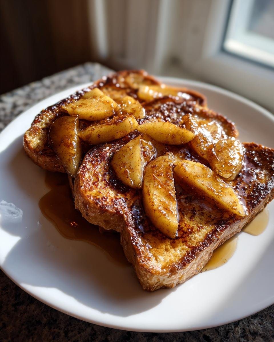 Plate of apple cinnamon french toast topped with caramelized apple slices and syrup