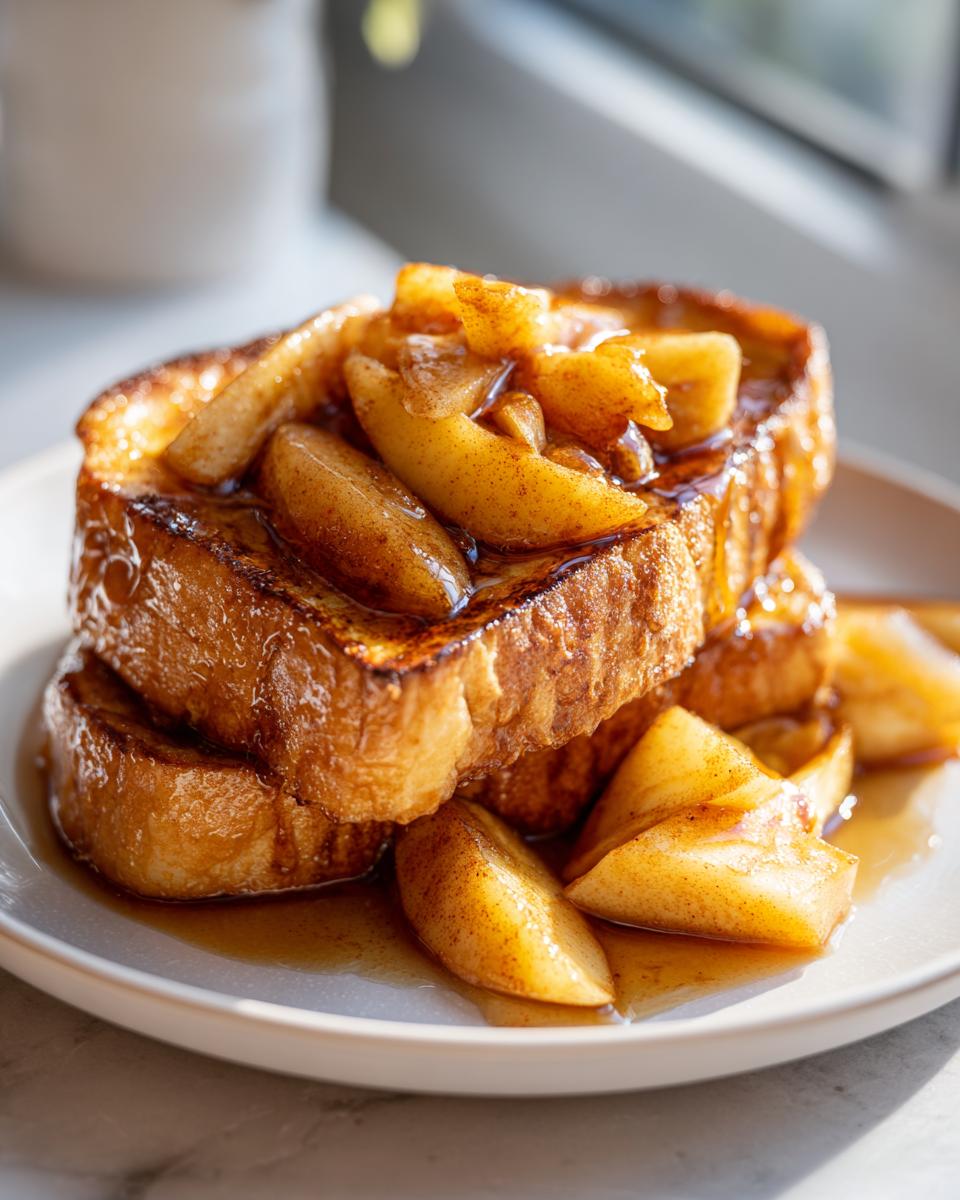 Two thick slices of apple cinnamon french toast topped with caramelized cinnamon-spiced apple slices on a white plate