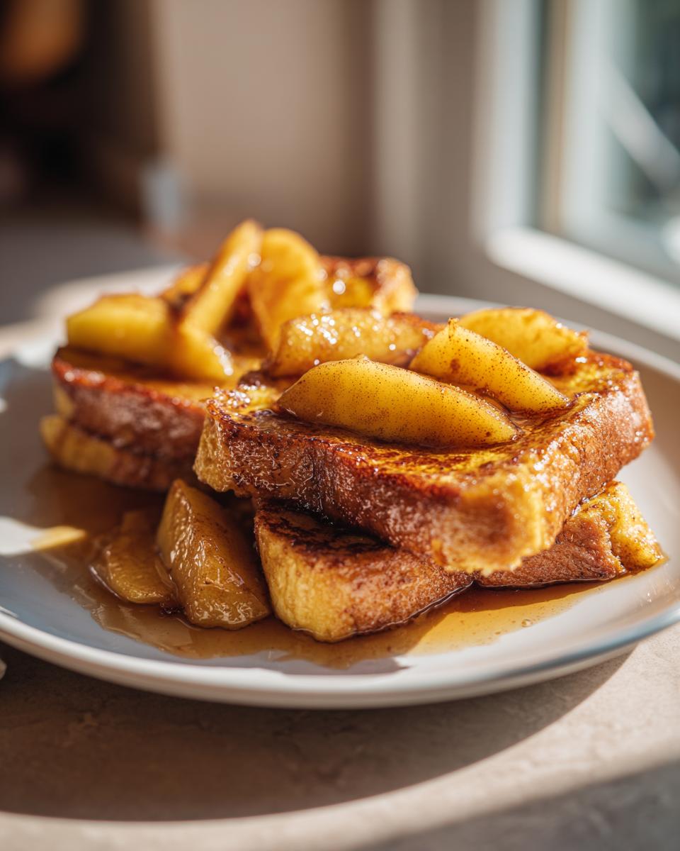 Plate of apple cinnamon french toast topped with caramelized apple slices and syrup