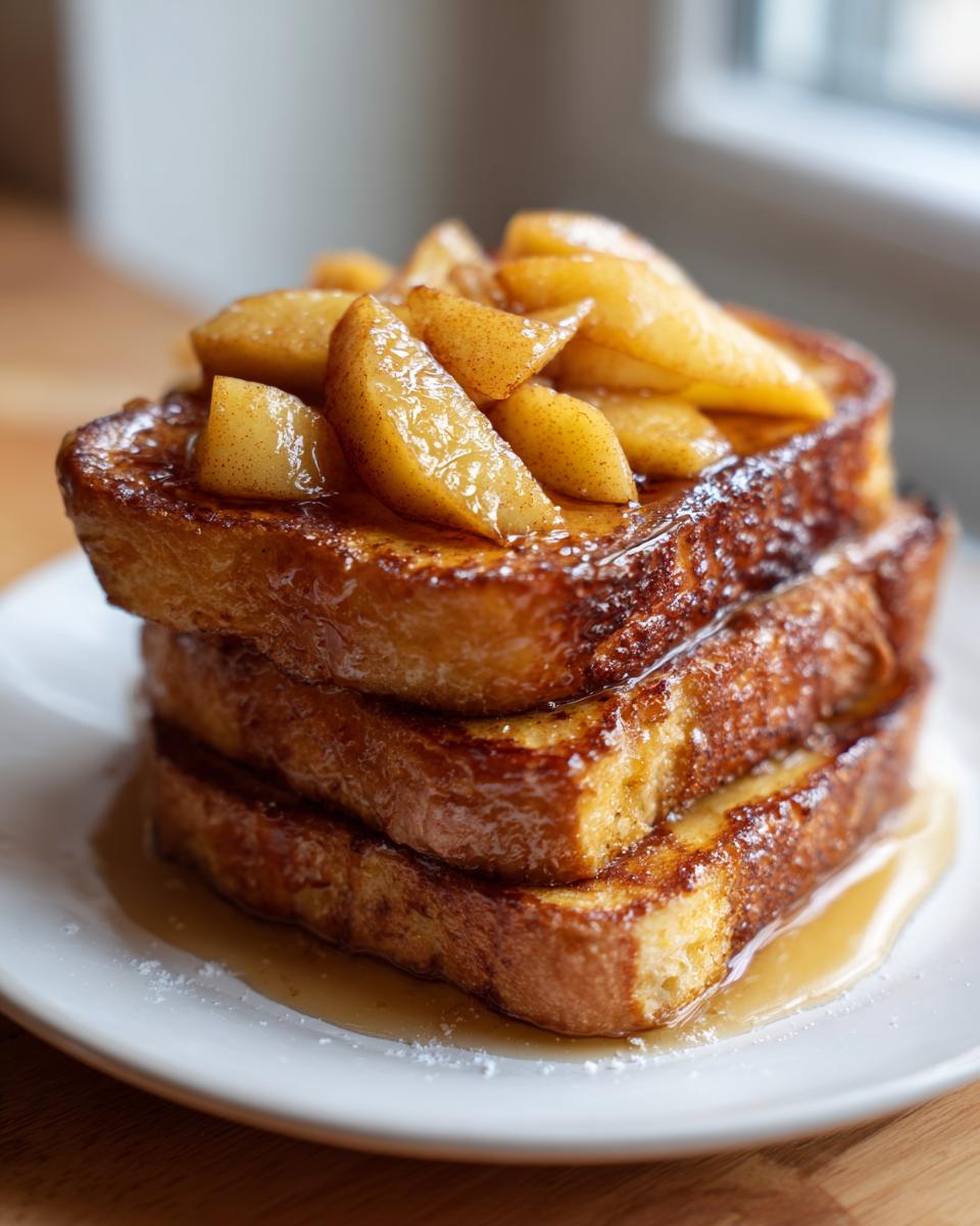 Three thick slices of apple cinnamon french toast topped with caramelized apple slices and syrup on a white plate.