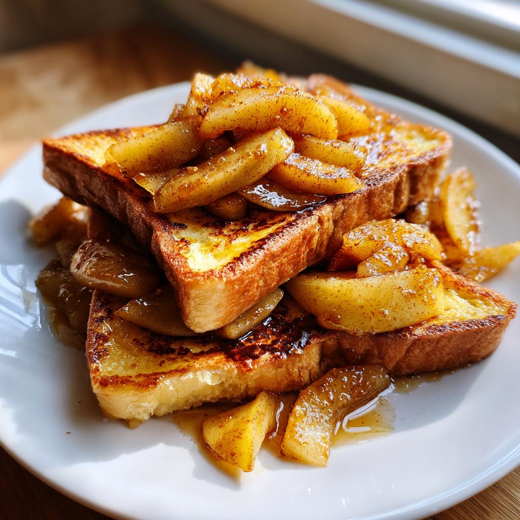 Stack of apple cinnamon french toast topped with cooked cinnamon-spiced apples on a white plate