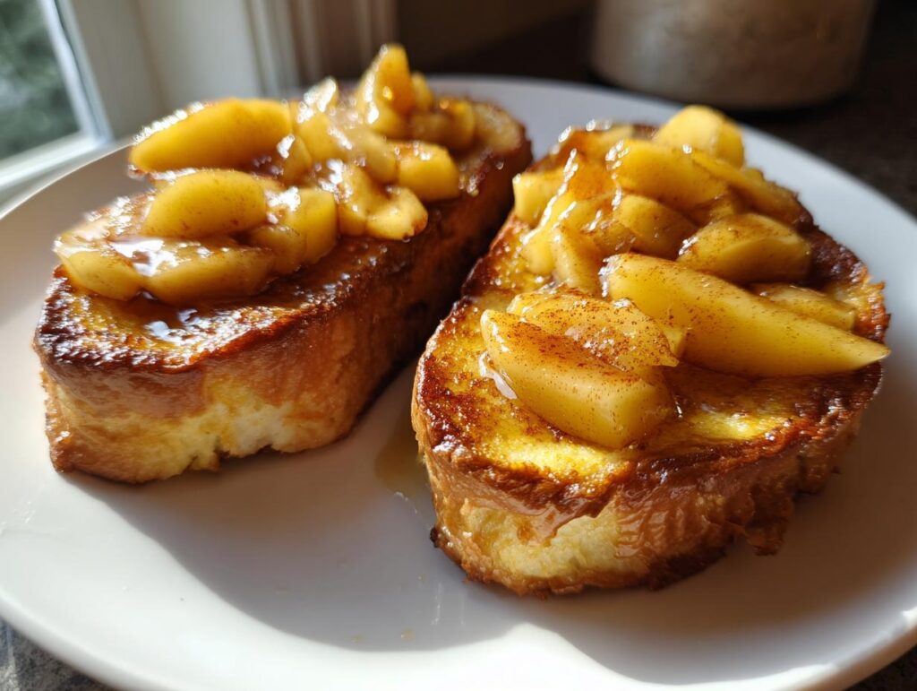 Two slices of apple cinnamon french toast topped with warm cinnamon-spiced apple chunks on a white plate