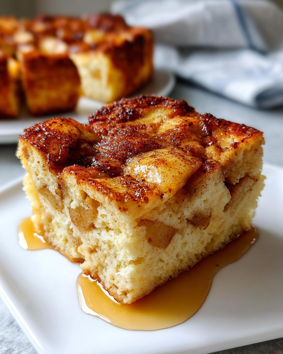 Close-up of a slice of apple cinnamon pancake bake for breakfast drizzled with syrup