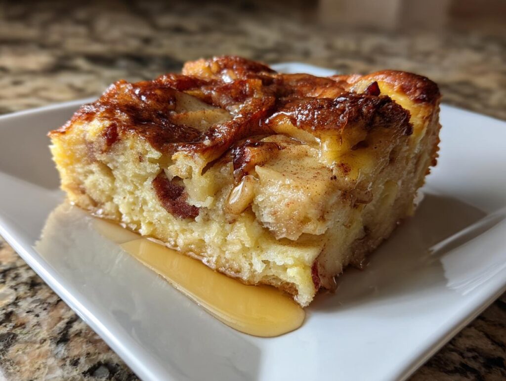 Close-up of a slice of apple cinnamon pancake bake drizzled with syrup on a white plate