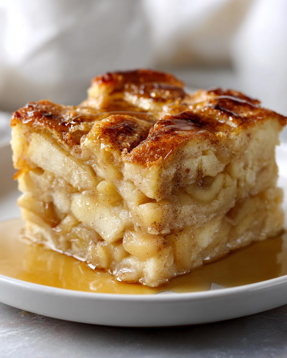 Close-up of apple cinnamon pancake bake slice drizzled with syrup on a white plate