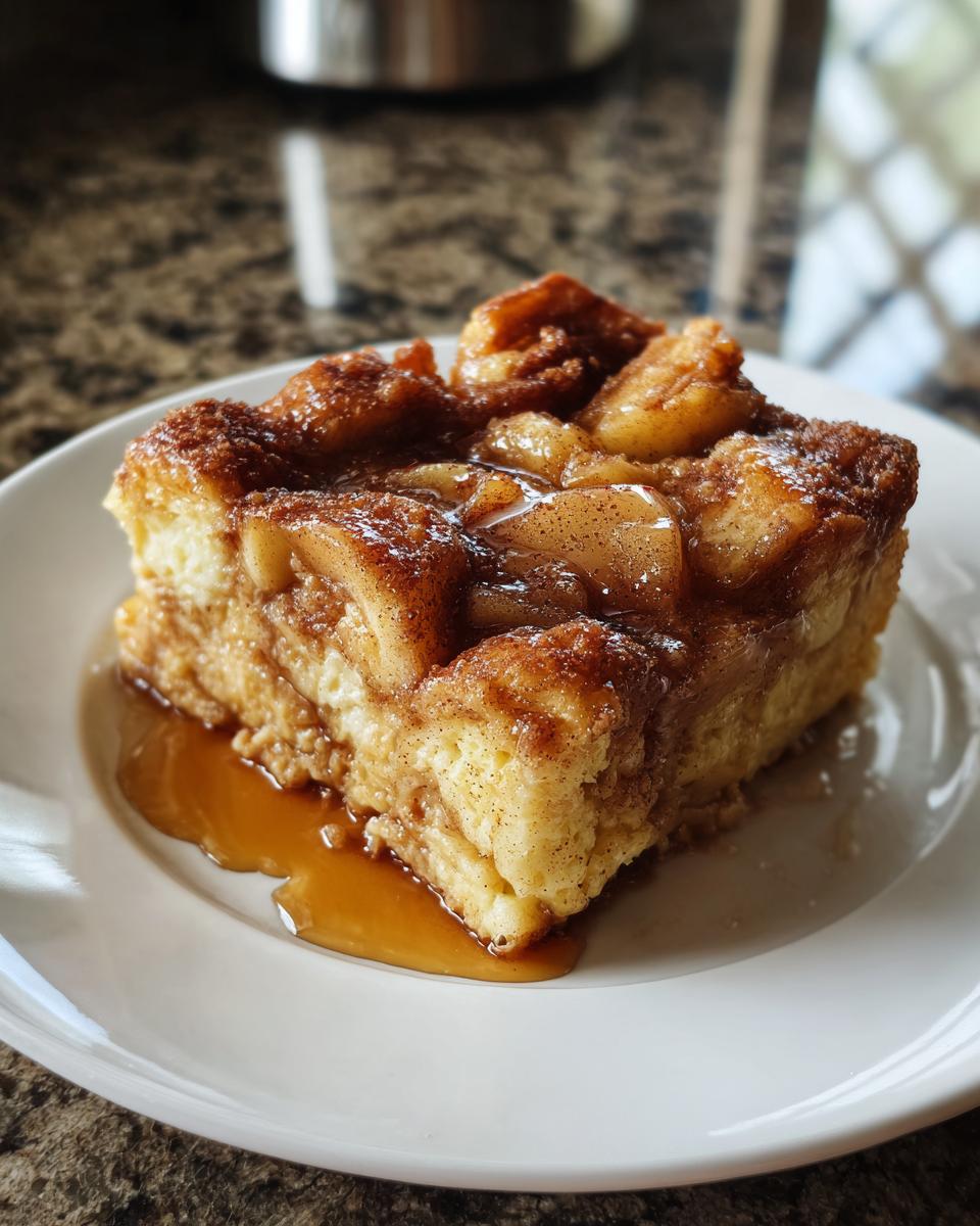 Close-up of a slice of apple cinnamon pancake bake for breakfast with syrup on a white plate.