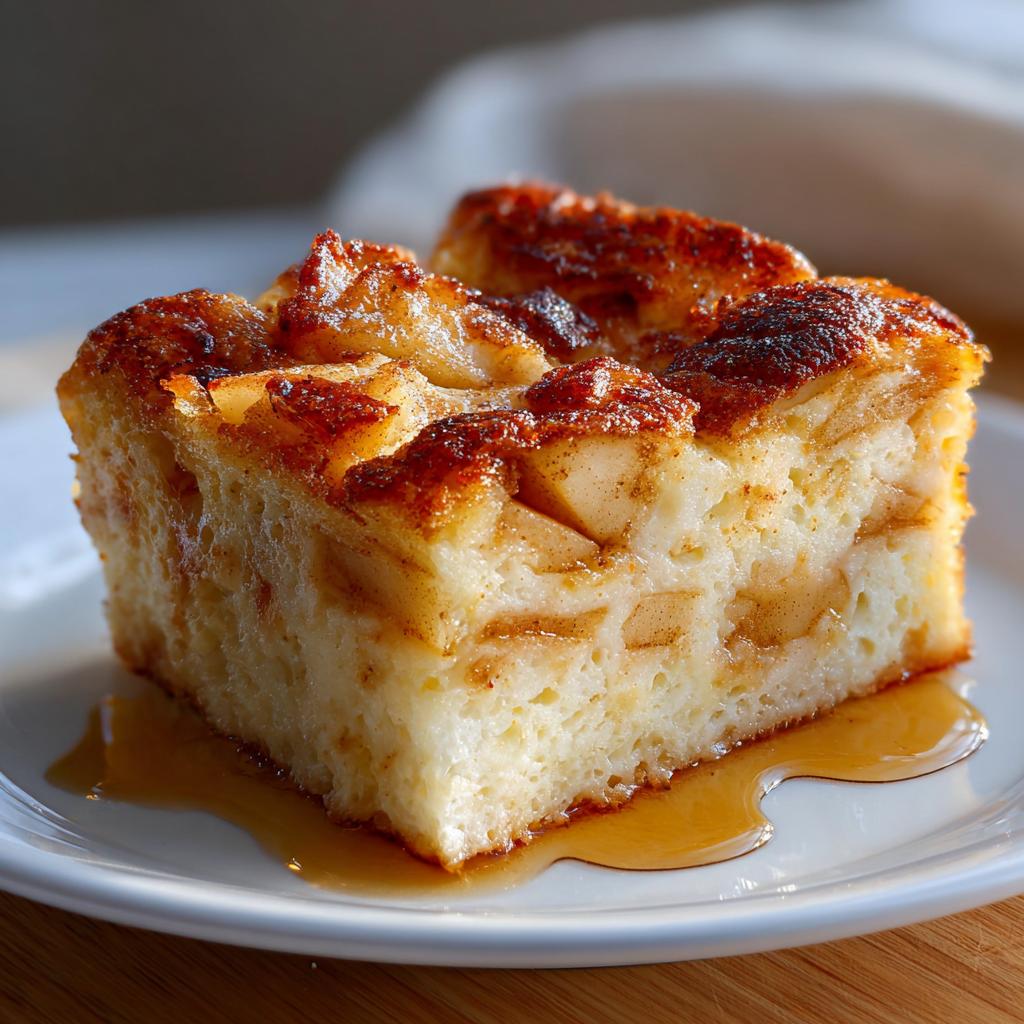 Close-up of a slice of apple cinnamon pancake bake for breakfast with syrup on a white plate.