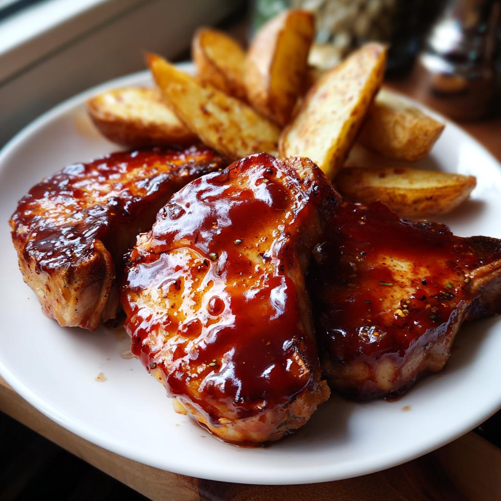 Plate with glazed baked barbecue pork chops and roasted potato wedges