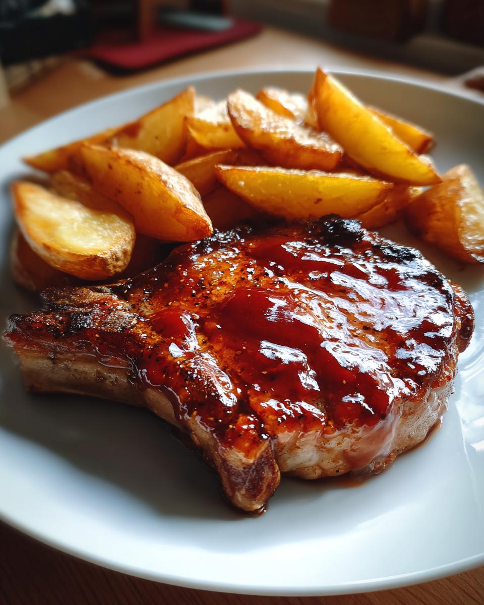 Baked barbecue pork chops with glazed sauce served with golden roasted potatoes on a white plate