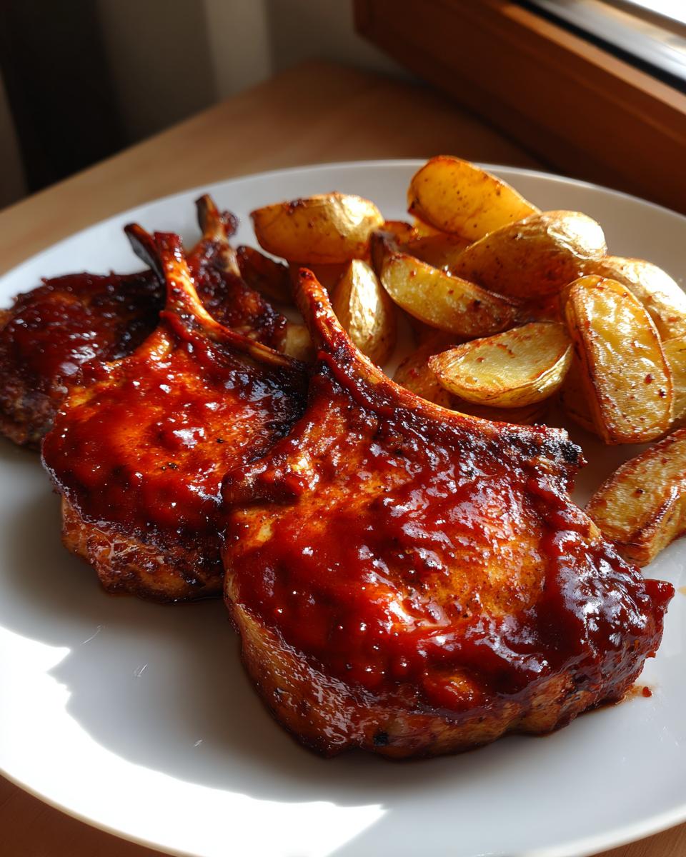 Plate with baked barbecue pork chops and roasted potato wedges on a white plate