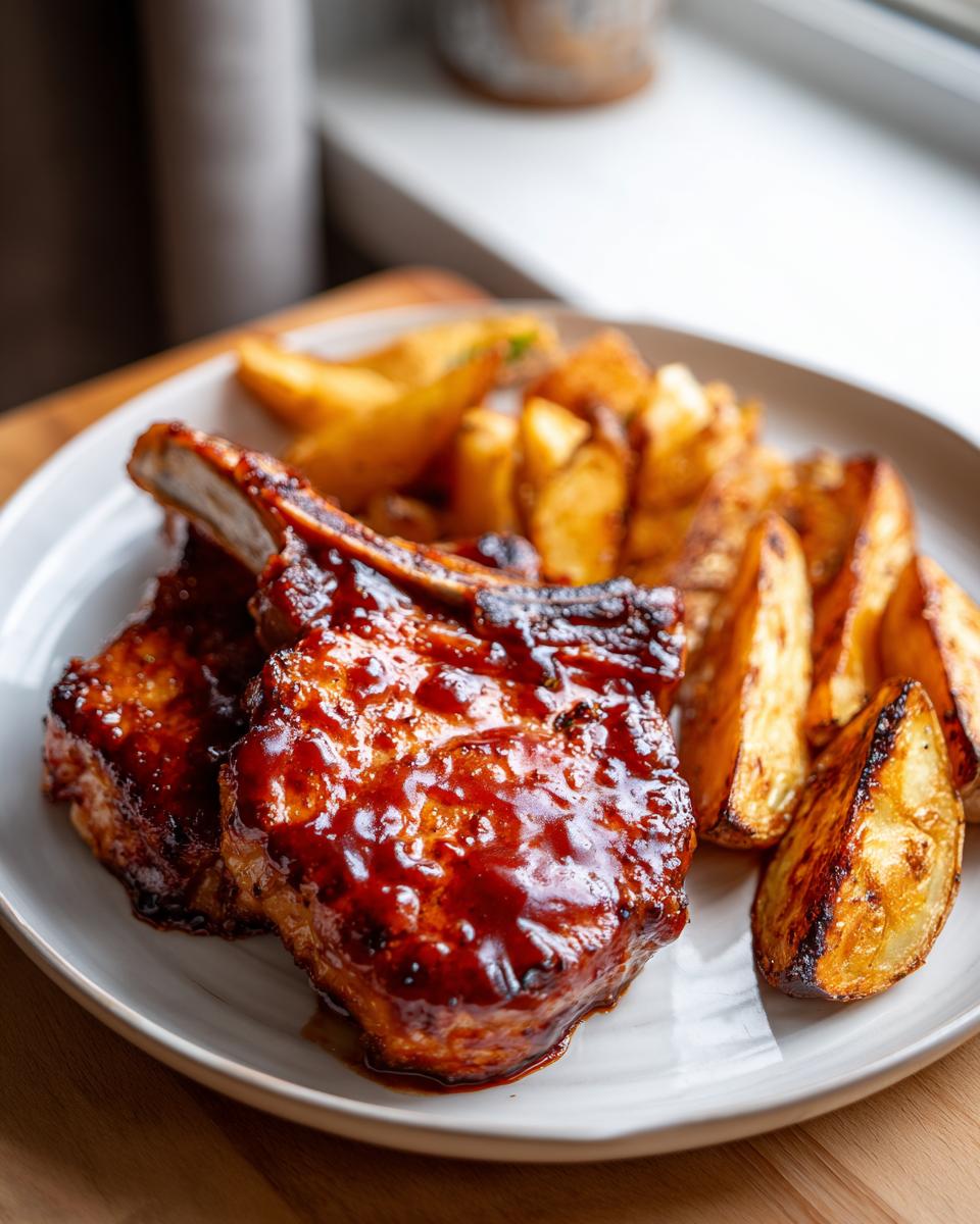 Plate with two baked barbecue pork chops and golden roasted potatoes wedge pieces