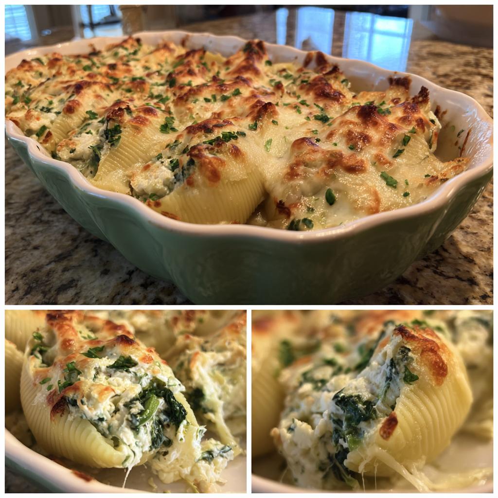 Close-up of baked chicken and spinach stuffed shells with melted cheese and herbs.